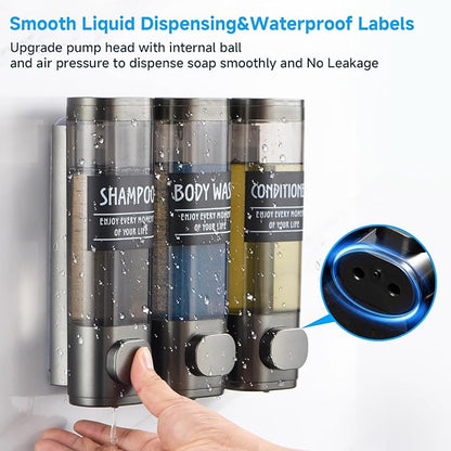 Shampoo and Conditioner Dispenser,GlintGath Shower Dispenser 3 Chamber No Drill Shampoo Dispenser for Shower Wall Mounted Shower Soap Dispenser for Bathroom Hotel,3 * 300ML,Gun Gray