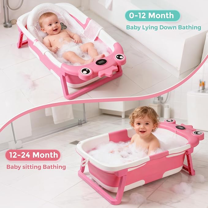 Baby Bathtub,Collapsible Baby Bath Tub with Soft Cushion & Thermometer, Space Saving Foldable & Travel Newborn Bathtub for Infant to Toddler 0-36 Months, Frog Blue