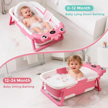 Baby Bathtub,Collapsible Baby Bath Tub with Soft Cushion & Thermometer, Space Saving Foldable & Travel Newborn Bathtub for Infant to Toddler 0-36 Months, Frog Blue