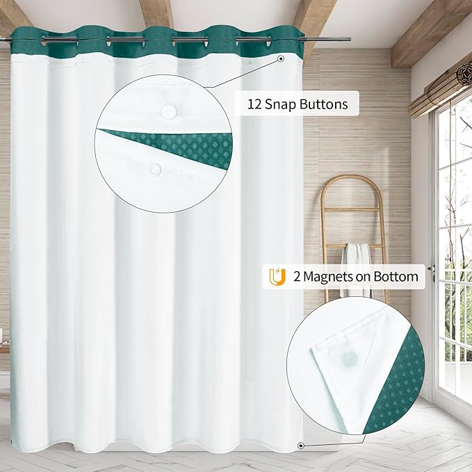 MitoVilla Dark Green Long Shower Curtain Liner Set 72 x 80, No Hooks Needed 80 inch Long Heavyweight Waffle Fabric Shower Curtain Set with Snap-in Liner for Hotel Grade Spa-Like Bathroom Decor