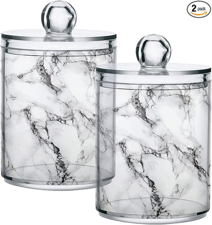 MNSRUU 2 Pack Qtip Holder Organizer Dispenser Stylish White Marble Texture Bathroom Storage Canister Cotton Ball Holder Bathroom Containers for Cotton Swabs/Pads/Floss