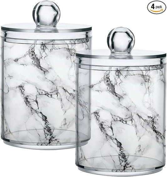 MNSRUU 4 Pack Qtip Holder Organizer Dispenser Stylish White Marble Texture Bathroom Containers Bathroom Vanity Storage Canister Apothecary Jars for Cotton Swabs/Pads/Floss