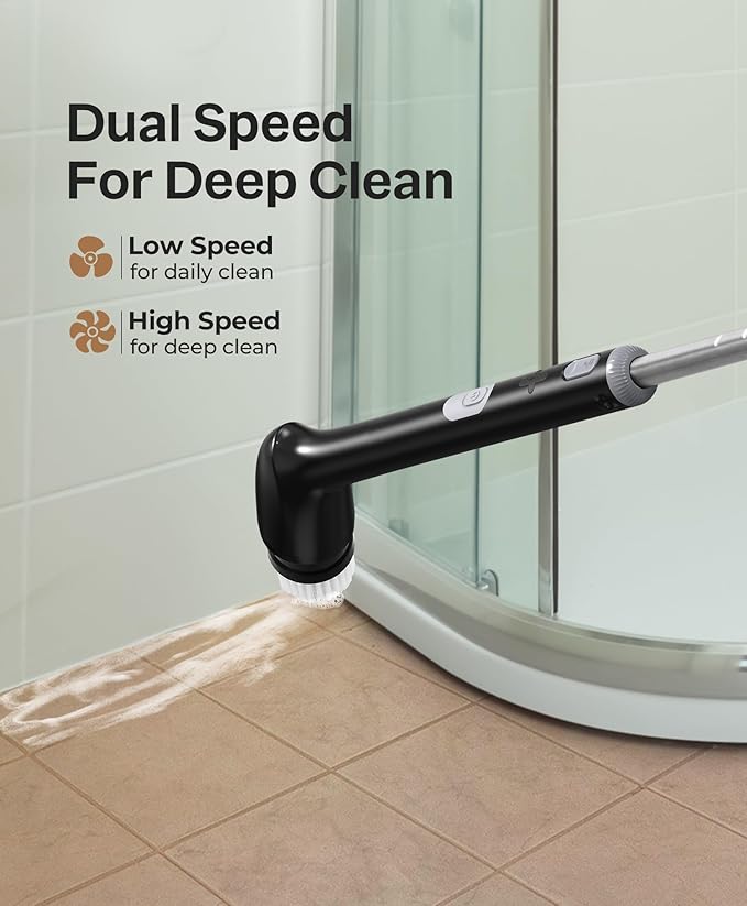 LyriFine Electric Spin Scrubber, New Full-Body IPX7 Waterproof Bathroom Cleaner Brush, Shower Scrubber with Long Handle & 2 Speed, Heads Replacement, Cleaning Supplies for Tub Shower Tile Floor