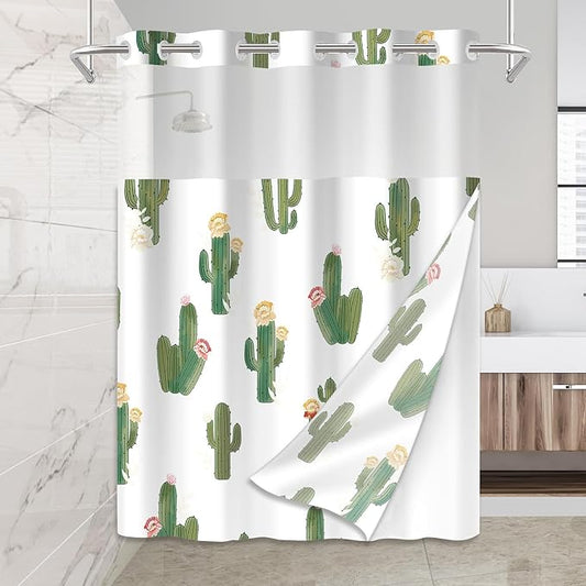 No Hook Shower Curtain Set with Snap in Fabric Liner for Bathroom,with See Through Top Window,Double Shower Curtain with Detachable Liner Replacement,Machine Washable,Cactus Pattern,71"x 74"