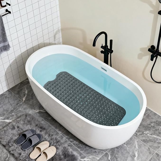 Anti-Slip Bathtub Shower mat, 39.3×15.7 inch（Approximately 100 × 40cm） Soft Oversized Machine Washable Non-Slip Bathtub mat with Drainage Holes, Bathroom Floor Suction Cup.（1-Opaque Black）