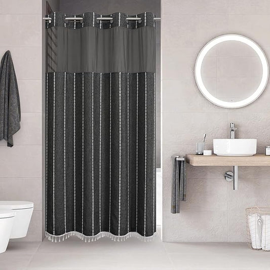 No Hook Stall Shower Curtain with Snap-in Fabric Liner - 54x80 Heavy-Duty Linen Textured Striped Design,Narrow Rustic Modern Farmhouse Bohemian Bathroom Curtain,Water-Repellent,Charcoal Grey