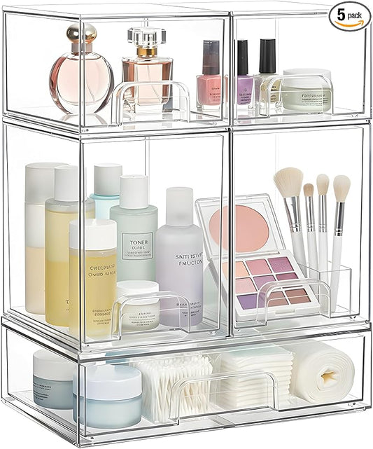 Stackable Storage Drawers Set of 5 Pack, Clear Bottles Organizer for Baby Bottle, Cosmetics, Acrylic Organizers and Storage for Bathroom,Vanity, Pantry, Cabinet, Kichen Countertop