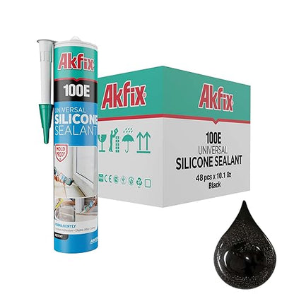 Akfix 100E RTV Black Silicone Caulk (48x10.1 fl.oz.) - 100% Waterproof Silicone Sealant for Kitchen and Bathroom, Shower, Toilet, Sink, Window and Door, No Yellowing | Black, 48 Pack