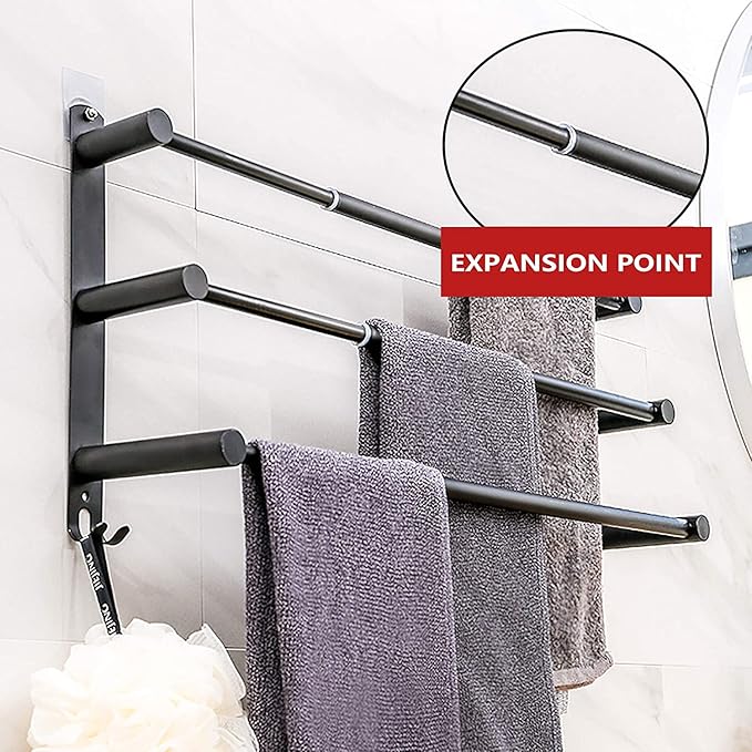 Black Adjustable Towel Bar for Bathroom Wall Mount17-30.7inch Adhesive Shower Towel Rack Stainless Steel Bath Towel Holders for Toilet Kitchen Double Towel Hanger (Black 3 Bar)