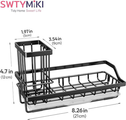 SWTYMIKI Sink Caddy Sponge Holder - Kitchen Sink Organizer with High Brush Holder for Countertop to Hold Dish Soaps and Sponges, Stainless Steel, Black