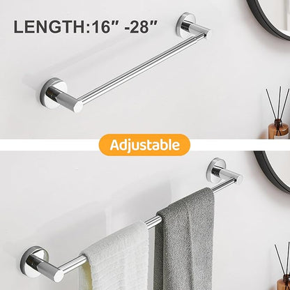 BESy Adjustable 15.9 to 28.6 Inch Single Bath Towel Bar Rack for Bathroom Accessories SUS304 Stainless Steel Towel Holder, Wall Mount with Screws Hand Towel Bar Rod Hotel Style, Polished Chrome