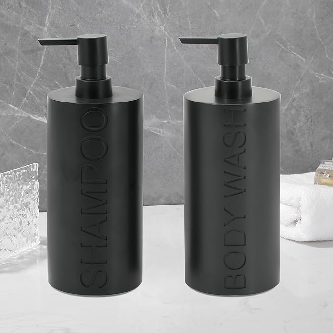 2-Pack Matte Black Resin Refillable Shampoo & Body Wash Bottles – Modern Bathroom Pump Dispenser Set, Durable Resin Shower Containers with Embossed Labels, Reusable Pump Bottle