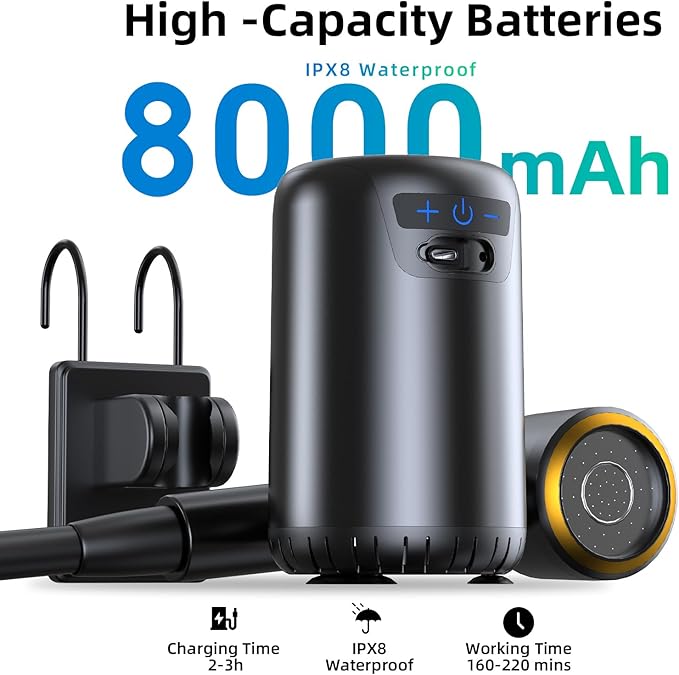 Portable Shower for Camping,8000mAh Rechargeable Camping Shower with 10 Spray Modes,Fahrenheit Display, IPX8 Waterproof Outdoor Camp Pump for Hiking, Travel, Car, Pet, Plants,Surf & Boat Cleaning