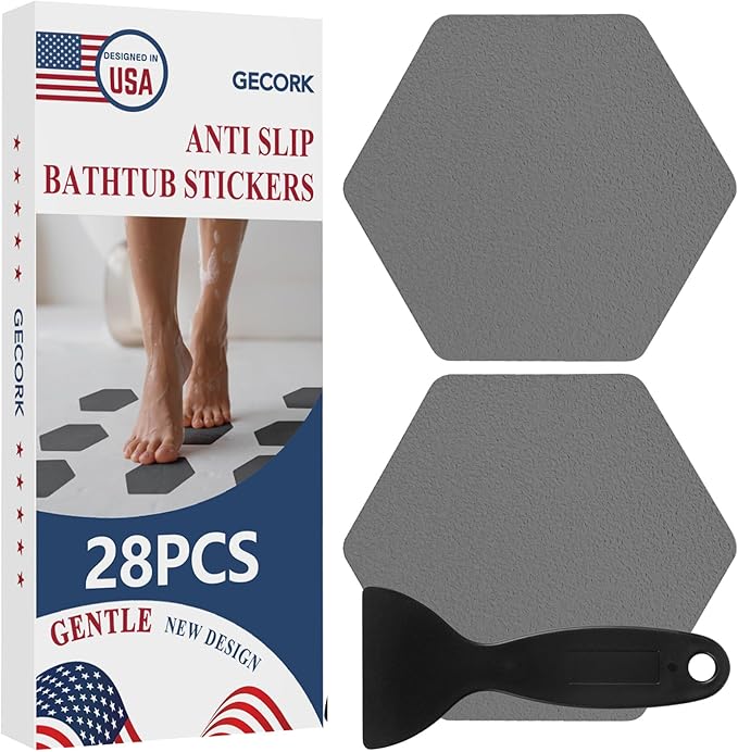 28 PCS Shower Floor Non Slip Stickers with Strong Adhesive, Invisible & Durable Anti Slip Shower Stickers with Scraper for Bath Tub, Pools and Stairs(Grey,Hexagon)