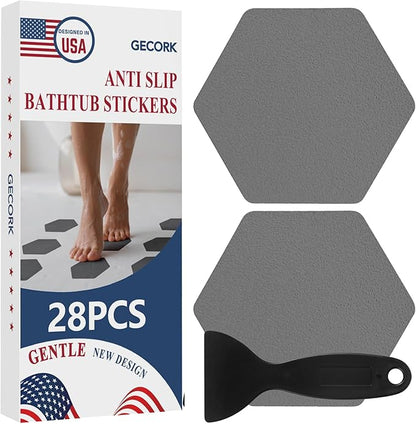 28 PCS Shower Floor Non Slip Stickers with Strong Adhesive, Invisible & Durable Anti Slip Shower Stickers with Scraper for Bath Tub, Pools and Stairs(Grey,Hexagon)