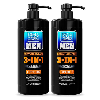Dead Sea Collection Mens Body Wash 3 in 1 – Citrus Body Wash for Men – Shower Gel – Shampoo – Shower Soap for Face and Hair – Pack of 2 Bottles (33.8 Fl. Oz. Each)