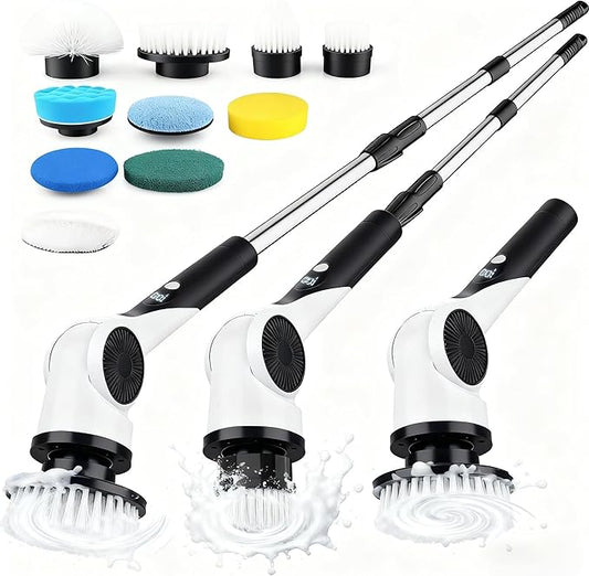 Electric Spin Scrubber, 3-Speed Cordless Shower Scrubber with 90° Adjustable & 10 Replaceable Brush Heads, 90 Mins Runtime & Full-Body IPX7 Waterproof Shower Cleaner Brush with Long Handle