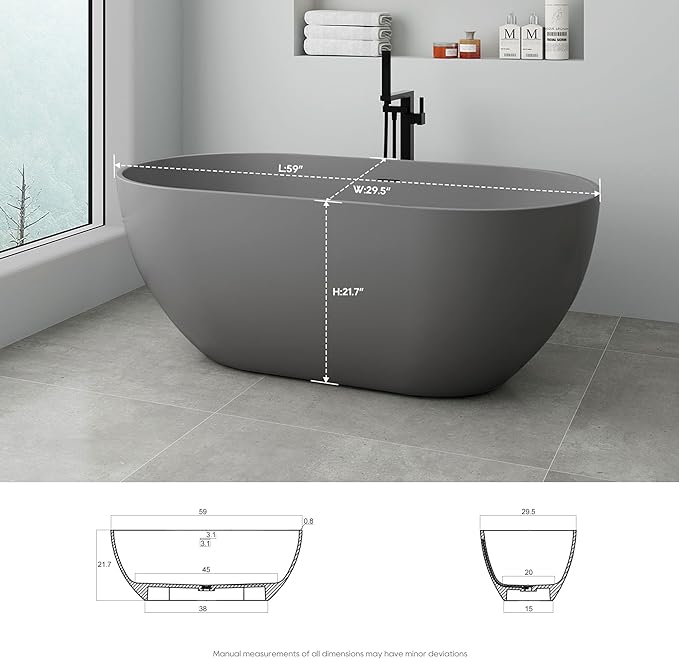 SJ STAR&JANE 59" Solid Surface Freestanding Bathtub Oval Stone Resin Soaking Tub Modern Stand Alone Tub with Overflow & Pop-up Drain for Bathrooms Dark Gray