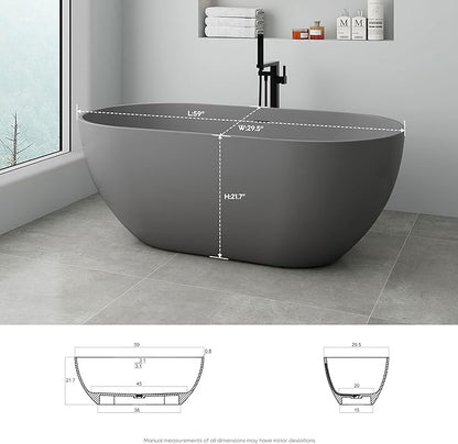 SJ STAR&JANE 59" Solid Surface Freestanding Bathtub Oval Stone Resin Soaking Tub Modern Stand Alone Tub with Overflow & Pop-up Drain for Bathrooms Dark Gray