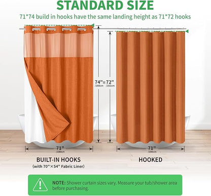 No Hooks Needed Linen Textured Shower Curtain with Snap-in Fabric Liner Set,Hotel Luxury Decor Waterproof Shower Curtains for Bathroom with Mesh Top Window,Washable,71Wx74H,Burnt Orange