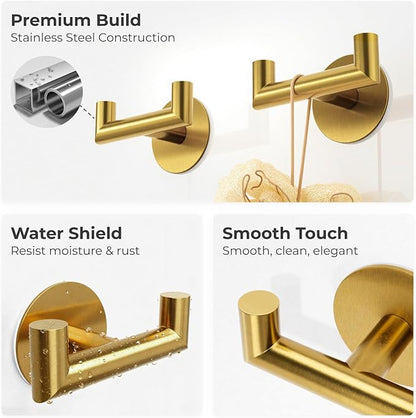 2 Pack Brushed Gold Bathroom Hooks for Towels - Self Adhesive Double Hooks for Wall, No Drilling, Stainless Steel 304, Strong Hold for Robes, Coats, Shower Use