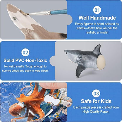 Shark Toys for Kids, 10PCS 5-8" Realistic Shark Figurines & 67PCS 20'' Large Sea Ocean Animals Jigsaw Puzzles Toys for Kids Ages 4-6, Birthday Party Favors & Gifts for Toddlers Boys Girls