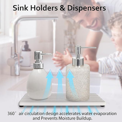 2 PCS Water Absorbing Stone Trays for Bathroom Sink & Kitchen Counter, Fast-Drying Diatomite Sink Caddy, Vanity Tray, Hand Soap Holder with Anti-Skid Feet (White, 7.9" x 4"/20 x 10cm)