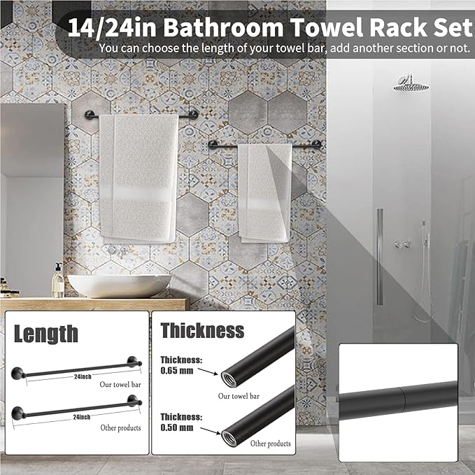 Newfun 8-Pieces 24" Bathroom Hardware Set, Bathroom Accessory Set, Includes 24" Adjustable Bath Towel Bar, Towel Rings Wall Mounted, Toilet Paper Holder, Robe Towel Hooks (Matte Black)