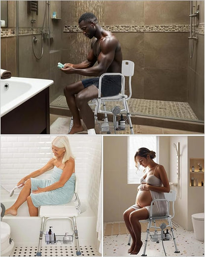 Rustproof Hanging Shower Caddy for Shower Chair, Stainless Steel Bathroom Basket for Bathroom Chair Bench,Showers Caddy Chair with Hooks, Shampoo Bottle Holder for Elderly, Pregnant, Handicap, Patient