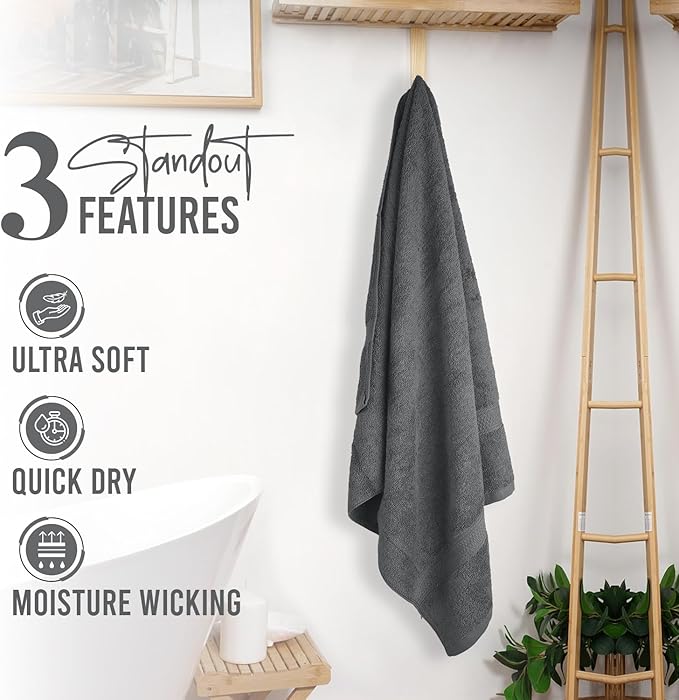 RIVERSIDE 100% Ring Spun Cotton Large Bath Towels Set of 4, 27 x 54 Inches – Quick Dry, Soft & Highly Absorbent Towels for Shower & Bathroom – Luxury 600 GSM Towels for Home, Spa, Gym, Hotel, Grey