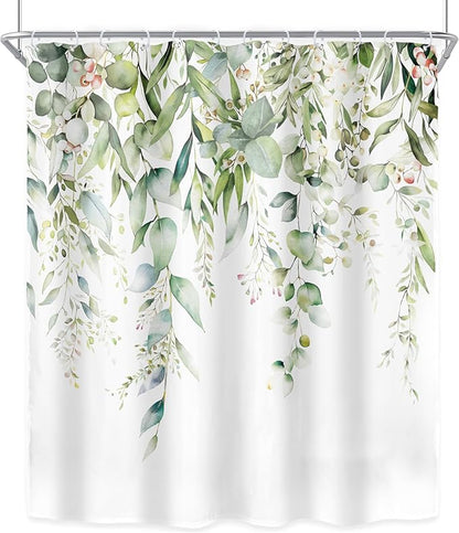 Riyidecor Sage Green Eucalyptus Leaves Shower Curtain for Bathroom Decor 60Wx72H Leaf Plants Botanical Spring Natural Floral Watercolor Art Printed Fabric Polyester Waterproof 12 Pack Plastic