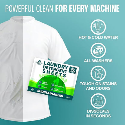 Sudstainables Laundry Detergent Sheets 60 Loads – Dissolvable Laundry Sheet for Washing Machines, Compact Alternative to Liquid & Powder Detergent, Travel-Friendly Soap | Fragrance Free