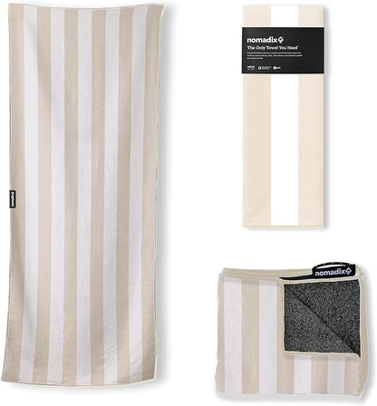 Nomadix Original Towel - Perfect for Beach, Pool, Travel, Camping, Yoga - Made with Recycled Materials - Super Absorbent - Sand Resistant - Cabana Stripe Beige - 72.5x30
