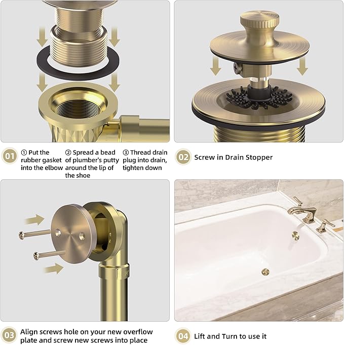 Champagne Brushed Gold Bronze Bathtub Drain, Hair Catcher and 2-Hole Overflow Faceplate, 11.5/16 UNC, Lift and Turn Bathtub Drain Replacement, Tub Drain Stopper