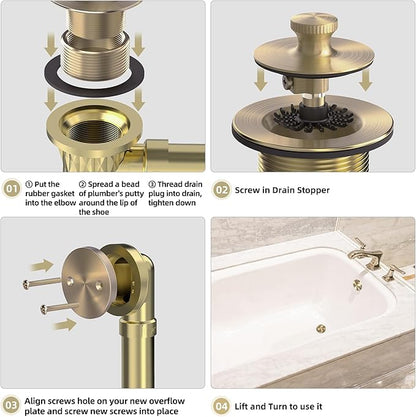 Champagne Brushed Gold Bronze Bathtub Drain, Hair Catcher and 2-Hole Overflow Faceplate, 11.5/16 UNC, Lift and Turn Bathtub Drain Replacement, Tub Drain Stopper
