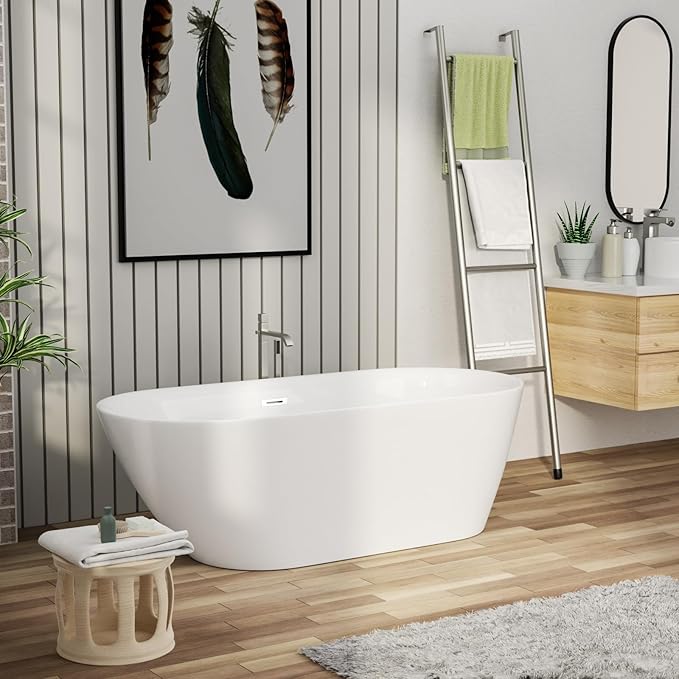 Mocoloo 67" Acrylic Freestanding Bathtub Contemporary Soaking White Bath Tub with Gold Overflow and Drain