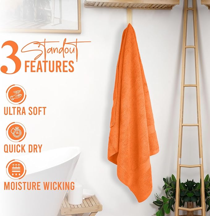 RIVERSIDE 100% Ring Spun Cotton Large Bath Towels Set of 4, 27 x 54 Inches – Quick Dry, Soft & Highly Absorbent Towels for Shower & Bathroom – Luxury 600 GSM Towels for Home, Spa, Gym, Hotel, Orange