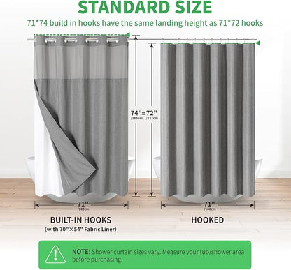 No Hooks Needed Linen Textured Shower Curtain with Snap-in Fabric Liner Set,Hotel Luxury Decor Shower Curtains for Bathroom with See Through Top Window,Waterproof & Washable,71Wx74H,Gray