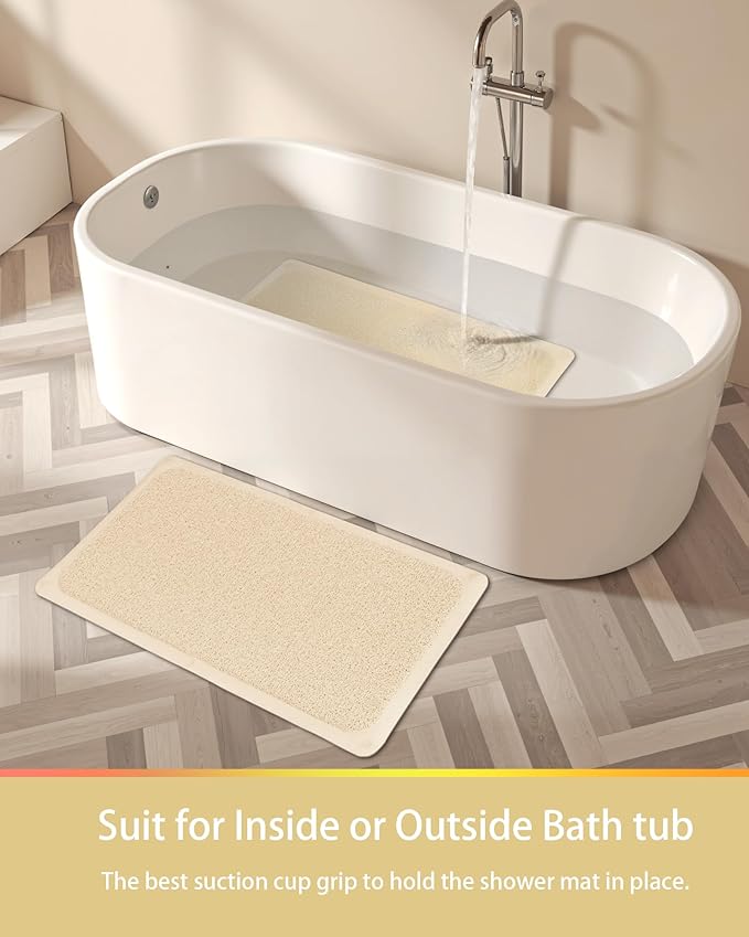 Mecko Non Slip Shower Mats, 17x30 Inch, Anti-Slip Bathtub Mats with Suction Cups for Bathroom, Foot Scrubber Loofah Bath Mats for Shower, Quick Drying Shower Stall Mats for Wet Areas (Beige)