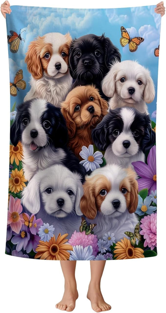 WZOMT Microfiber Dog Beach Towel, Cute Dog Bath Towels, Funny Puppy and Flowers Blue Pattern Print Towels for Kids Adults, Quick Dry Absorbent Pool/Swim/Travel/Yoga Towel, Oversized 32"x52"