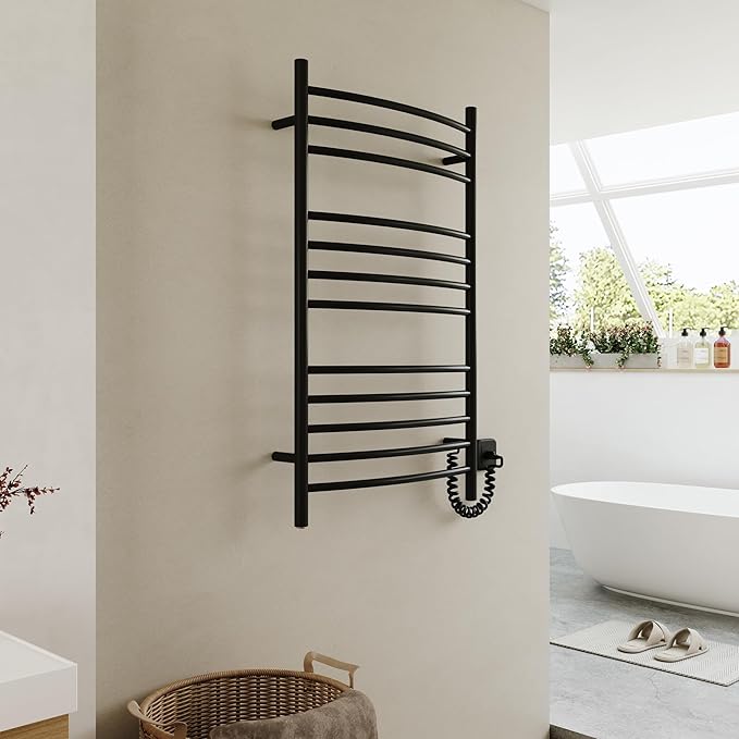 HEATGENE Electric Towel Warmer with Built-in Timer & Temperature Control, Wall-Mounted 12-Bar Large Towel Rack, Plug-in/Hardwired Heated Towel Rail for Bathroom - Matte Black