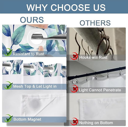 No Hook Shower Curtain and Liner Set, Blue Eucalyptus Floral Shower Curtains for Bathroom, Bath Curtain Sets with Snap in Liner, Waterproof with See Through Top Window, 71x84 Inches
