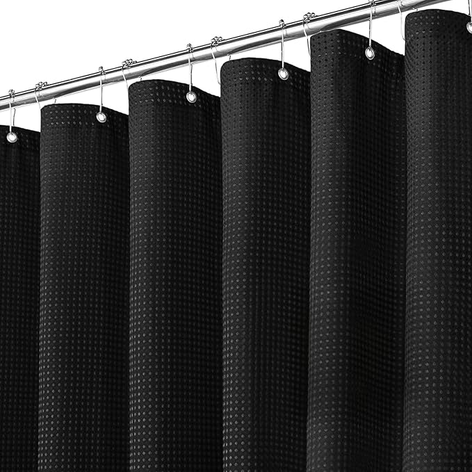 Inhousolu Fabric Shower Curtain Waffle Weave, 230 GSM Heavy Duty, Weighted Hem, 14 Metal Hooks, Water Repellent, Machine Washable, Hotel Spa Luxury Bath Curtain Set, 72 x 84 Inch, Black