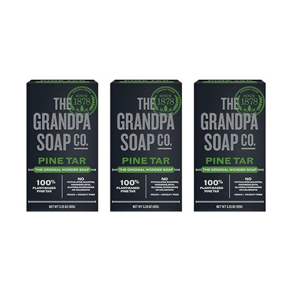 The Grandpa Soap Company Pine Tar Bar Soap for Men- Made With Pine Tar Oil, 3 in 1 Cleanser Deodorizer and Moisturizer, Dermatologist Tested, Safe for Sensitive Skin, 3.25 Oz, 3 Pack
