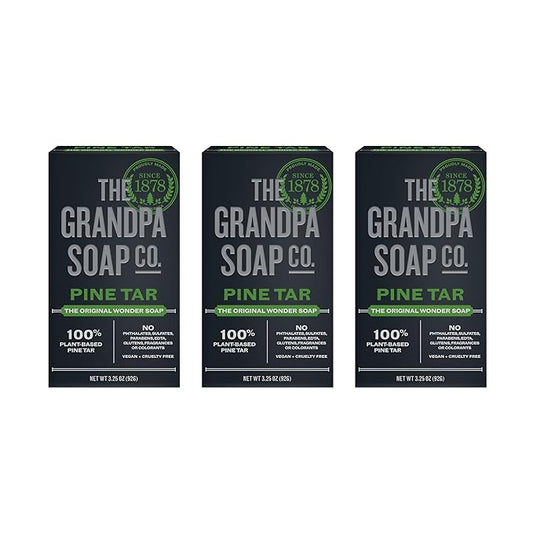 The Grandpa Soap Company Pine Tar Bar Soap for Men- Made With Pine Tar Oil, 3 in 1 Cleanser Deodorizer and Moisturizer, Dermatologist Tested, Safe for Sensitive Skin, 3.25 Oz, 3 Pack
