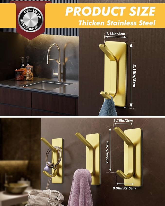 Auxmir 5 Pack Self Adhesive Hooks for Hanging 15lb, Wreath Hanger for Front Door, Stainless Steel Towel Hooks for Wall, Waterproof Rustproof Adehesive Coat Hooks for Bathroom Kitchen Office RV, Gold