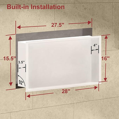 Shower Niche, 16 * 28Stainless Steel Elegant Bathroom Niche, No Tile Needed Recessed Shower Shelf Organizer for Storage，Warm White