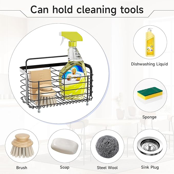 Black Kitchen Sink Caddy Organzier, Sponge Holder for Kitchen Sink, Metal High Brush Holder, Dish Sponge Holder Basket for Sponges, Scrubbers, Dish Soap Bottles Wall Mounted/Countertop