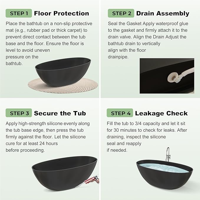65" Premium Matte Black Solid Surface Freestanding Bath Tub, Oval Stone Resin Tub with Overflow and Pop-up Drain