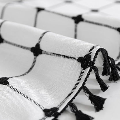 ROSERY No Hook Shower Curtain with Snap in Fabric Liner Set, Boho Farmhouse Black and White Woven Jacquard Grid Shower Curtain for Bathroom with Tassel, Checkered Pattern, 71" W x 74" L